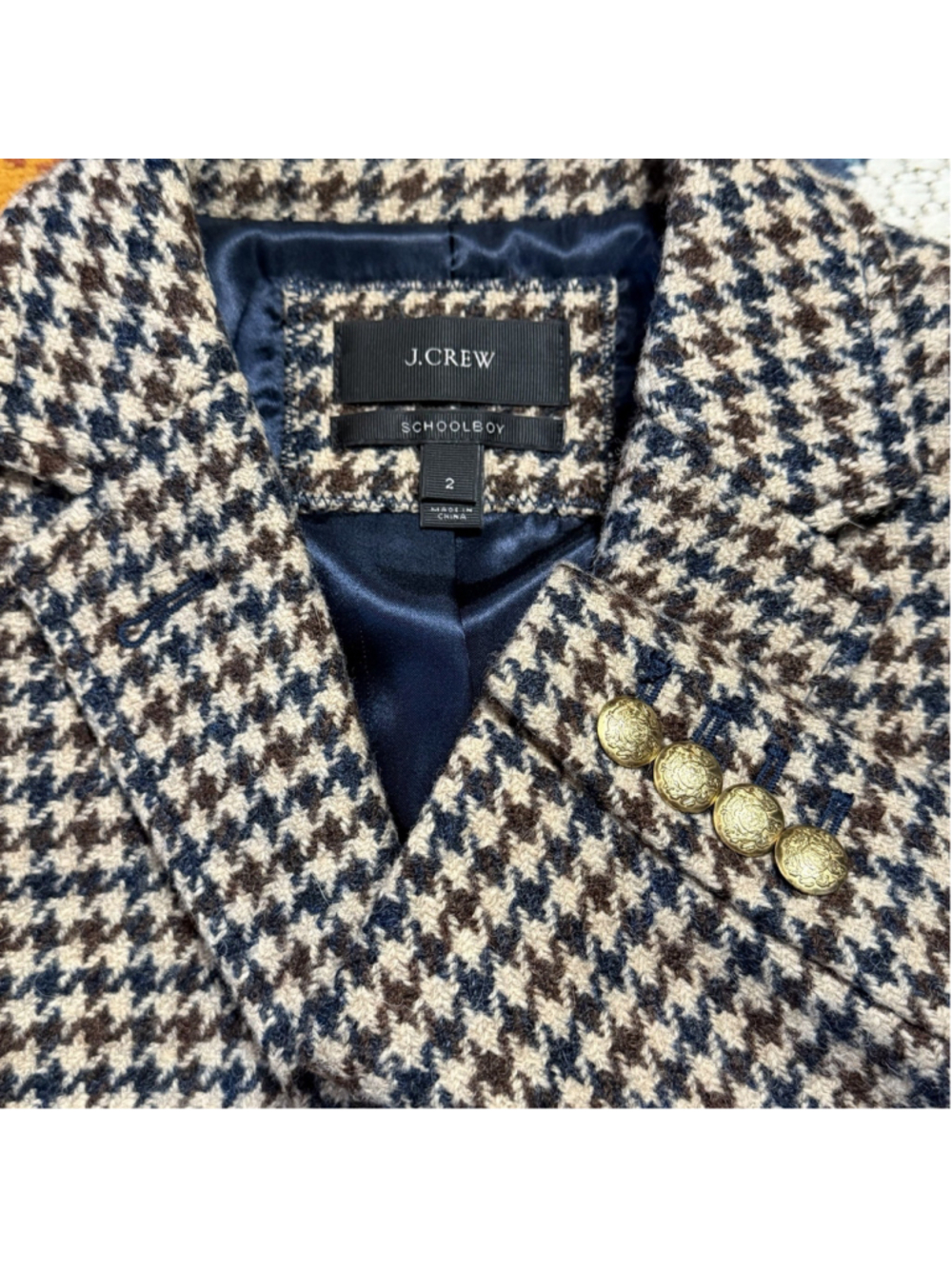 J.Crew Schoolboy Houndstooth Wool Blazer Brown Navy Gold Crest Buttons Size 2 - Picture 7 of 7